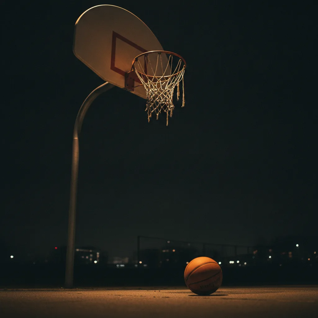 Gece aydınlatması altında sokak basketbol potası ve top