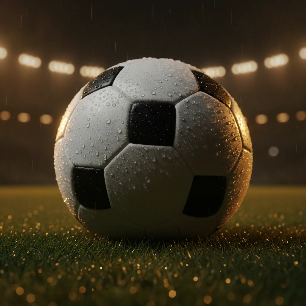 Gece ışıkları altında ıslak çimende duran futbol topu
