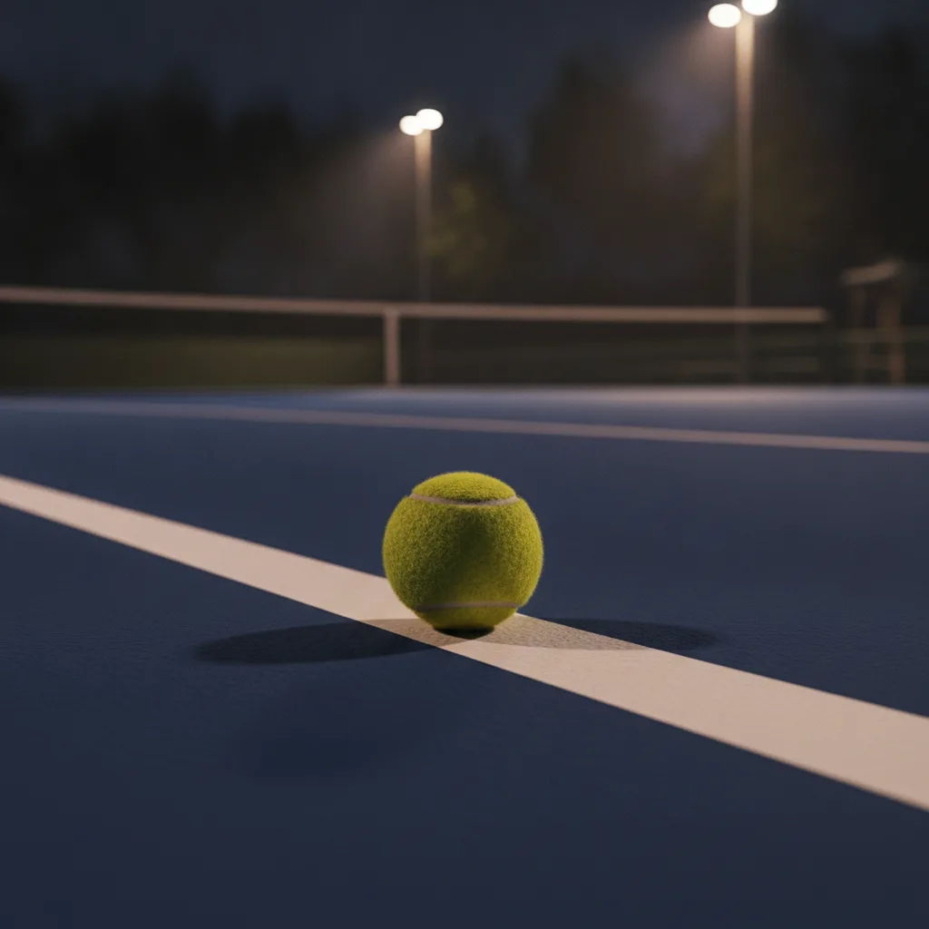Gece aydınlatmalı sert kort çizgisinde duran tenis topu